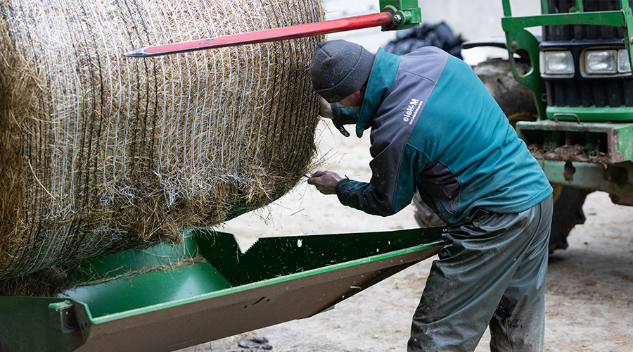 Farmer cutting hay's net