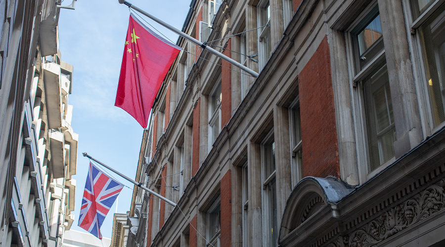 China and the UK flag on a building