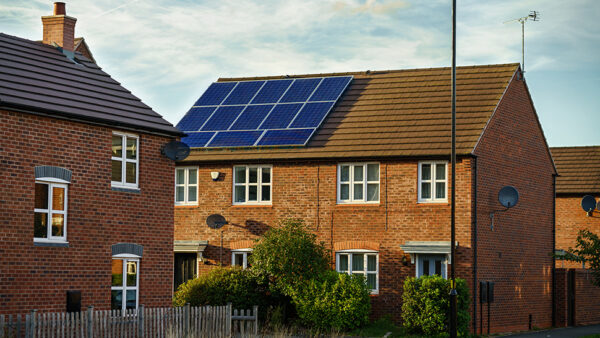 English house with solar panel on the roof.