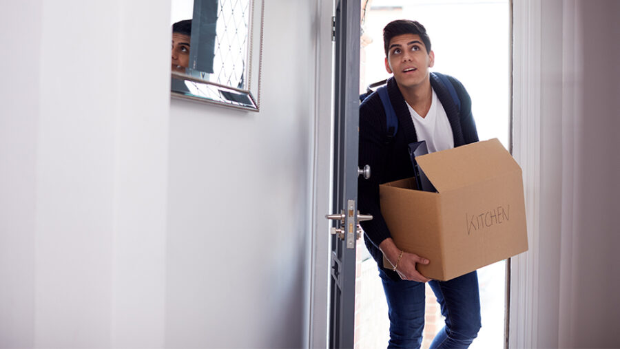 Person carrying a box inside the house