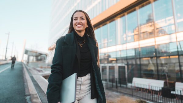 A healthcare professional walking to work